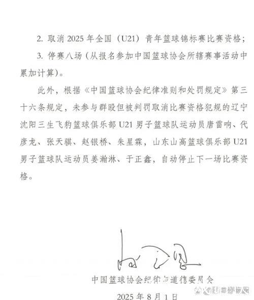 中国篮协公布U21斗殴事件处罚决定：4球员禁赛3年